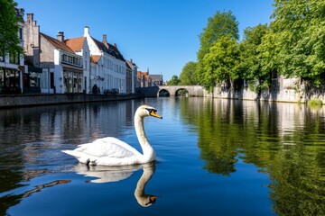 Obraz premium A serene canal in Bruges, Belgium, with stone bridges, charming medieval houses, and swans gliding on the water