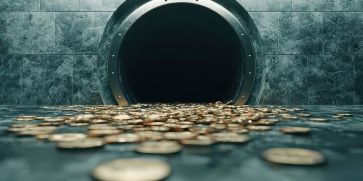 A dark drain with scattered coins on the ground, suggesting themes of lost wealth or hidden treasure.