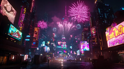 Obraz premium Cyberpunk cityscape with neon fireworks, glowing billboards, and reflections