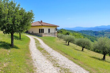 Obraz premium A serene countryside view in Tuscany, Italy, with rolling hills, olive trees, and a rustic villa in the distance