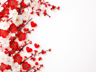 Romantic Floral Frame: Red and White Blossoms with Hearts 