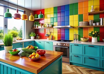 Fototapeta premium Colorful Modern Kitchen Interior in Macro Photography: A Vibrant Showcase of Contemporary Design Elements, Textures, and Culinary Tools for Inspiring Home Decor Ideas
