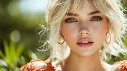 Fototapeta premium Sunny Beauty. Blonde woman with green eyes outdoors summer portrait na