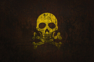 Skull and bones carved on wall, dangerous symbol. Selective focus background and copy space for text