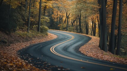 Fototapeta premium Serene winding road through autumn forest, colorful fall leaves, peaceful woodland scene, golden tree canopy, misty morning