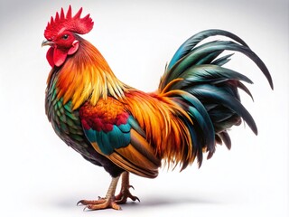 Fototapeta premium Colorful Rooster, Low Light Photography, Isolated White Background, Bird, Poultry, Farm Animal, Vivid Colors, Detailed Feathers, Realistic, Stunning Image, High Resolution