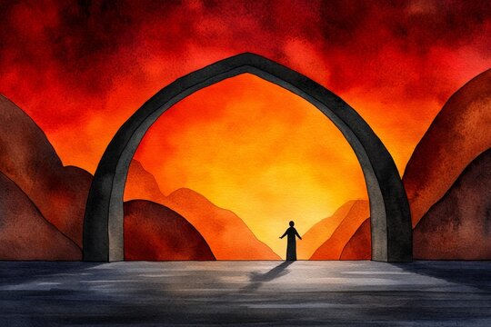 A soft watercolor painting of a person holding the door open, surrounded by warm, inviting hues