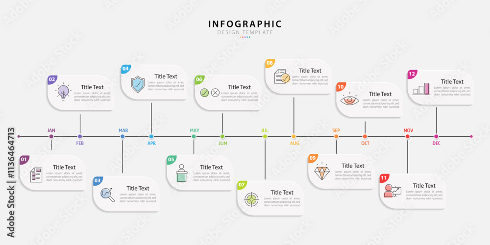 Poster timeline creator infographic template. 12 step timeline journey, calendar flat simple infographics d