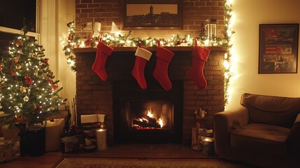 Red stockings hanging from a brick fireplace surrounded by festive lights and a warm cozy living room