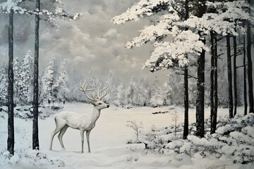 White deer in snow covered forest. Winter wildlife landscape. 