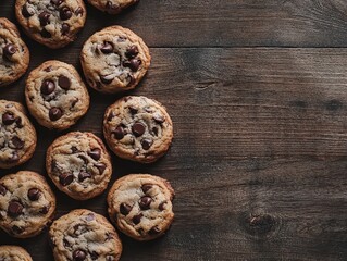 Fototapeta premium A close-up of freshly baked chocolate chip cookies on a wooden surface.