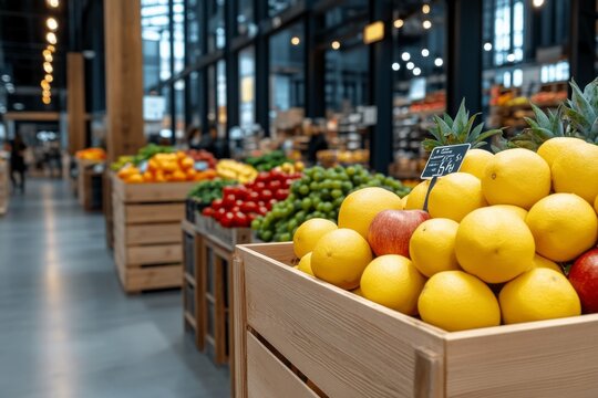 A vibrant marketplace in Europe with stalls displaying price tags in Euros, selling fresh produce and artisanal goods
