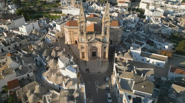Aerial drone view of the church and town center in Alberbello, Puglia southern Italy