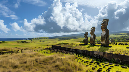Easter Island Moai Statues under a Bright Sky 