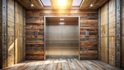 Modern elevator doors in rustic wood paneled lobby