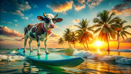 Cow Surfer Tropical Beach Paradise: AI Generated Fashion Photography