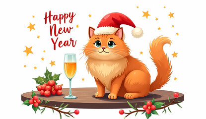 Illustration of a Persian red cat with a flattened face in a Santa Claus hat sitting next to a glass of champagne on a festive table. Happy New Year inscription . The picture does not go beyond the fr