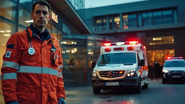 A man in an orange coat stands in front of an ambulance. The man is wearing a medical badge and he is a paramedic. The ambulance is parked outside a building