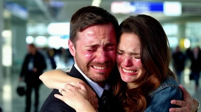 A man and woman are hugging each other in an airport. The man is crying and the woman is laughing