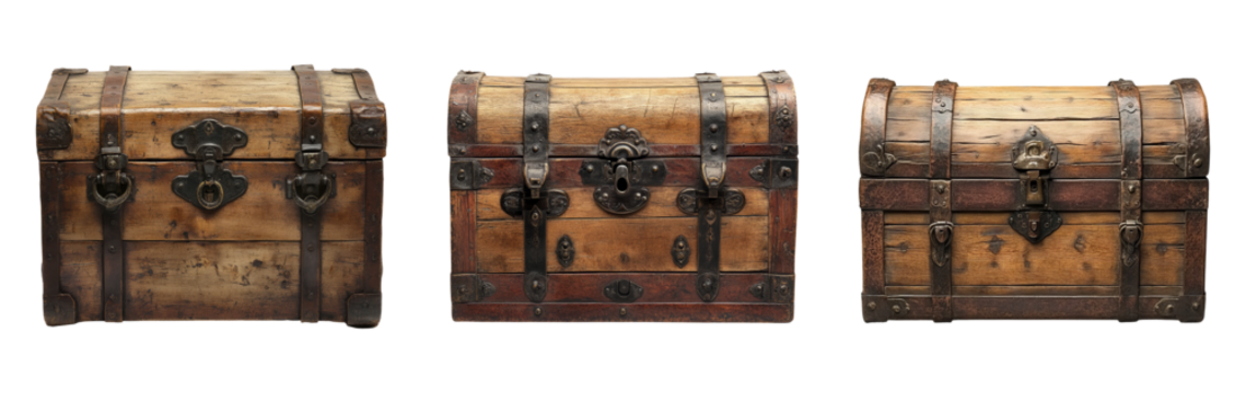 Vintage Wooden Treasure Chests on Transparent Background
