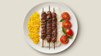 Delicious Flat Illustration of Iranian Kebab Koobideh Served with Rice and Vegetables