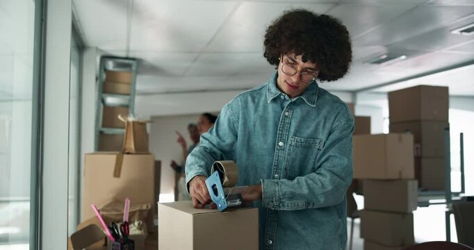 Man, logistics and packing with box for shipping, courier service or distribution at warehouse. Male person, distributor or packer with parcel for online order, delivery or supply chain at store