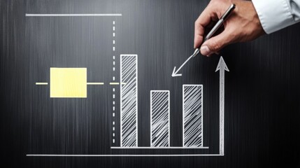 Costs cutting and efficiency concept. Businessman drawing bar graph and arrow on chalkboard.