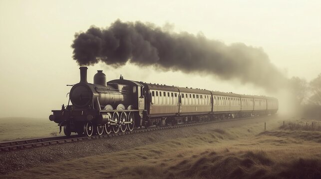 Vintage steam train traveling through foggy countryside