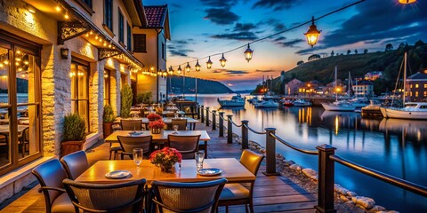 Cozy Terraced Restaurant by the Harbour Illuminated with Soft Lights at Blue Hour, Creating a Charming Ambiance for Evening Dining and Waterfront Views