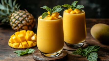 Refreshing mango smoothies with mint garnish and pineapple backdrop