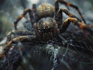 A close-up of a spider covered in dew, intricately woven into its web, showcasing detailed textures and a mysterious ambiance.