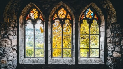 Fototapeta premium Three Stained Glass Windows Framing Autumn Landscape View