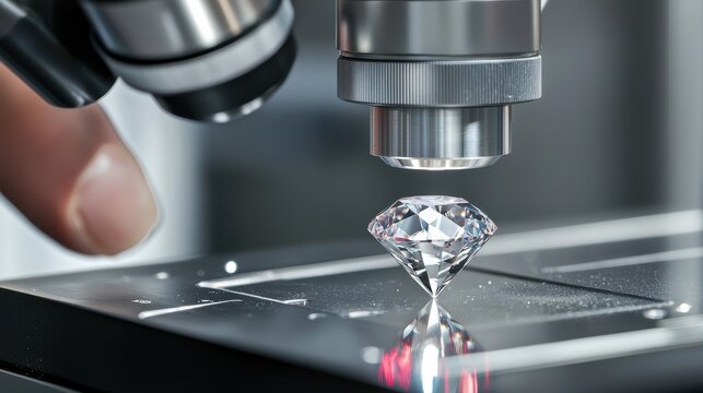 A scientist examines a lab-grown diamond under a microscope in a modern lab, analyzing its features and quality, showcasing cutting-edge technology in the gem industry.