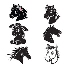 Horse head vector silhouettes. Black silhouette head horse, illustration of head wild stallion