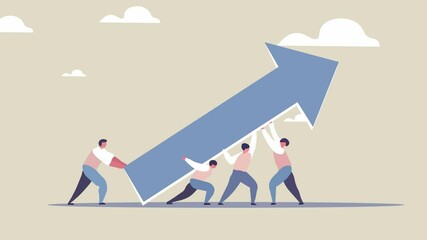 Teamwork and Collaboration to Achieve Growth Concept. Flat design animation small people working together to support and lift a large upward-pointing blue arrow.