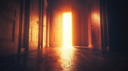 A series of labeled doors—Opportunities, Choices, Decisions—with one slightly open, revealing bright light to symbolize new beginnings and growth.