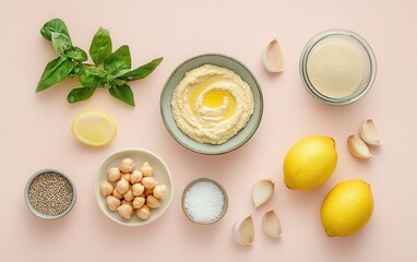 Top-down view of hummus bowl surrounded by fresh ingredients like chickpeas, lemons, garlic, and tahini on soft pink background.