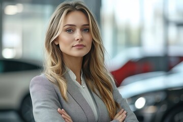 Observe a confident female executive finalizing an agreement in a luxury auto dealership salon showcasing her professionalism amid a selection of expensive cars in an upscale environment