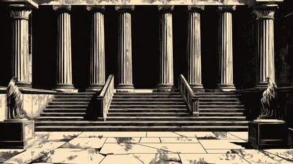 Grand Ancient Temple with Columns and Staircase in Black and White