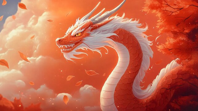 A magnificent dragon emerges from fluffy clouds, perfect for autumn-themed designs, fantasy events, and promotions related to strength and wisdom.