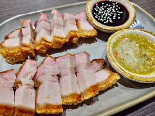 crispy pork belly with spicy and sweet dippping sauce 