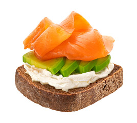Rye bread slice with smoked salmon and avocado isolated on white background
