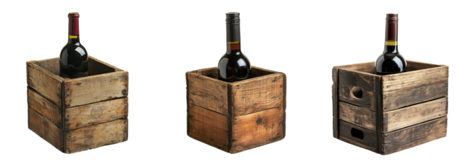 Rustic Wooden Wine Box Set on Transparent Background
