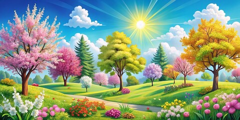 Cute Spring Landscape: Blooming Trees, Sun, Snow, Clouds, Nature Illustration