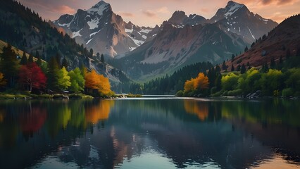 Fototapeta premium Astylized mountain landscape with vibrant colors and a serene river