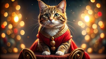 Cute Tabby Cat King Throne Red Costume - Adorable Kitten Royal Pet Photography