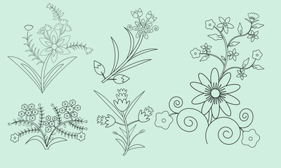 Flowers coloring book page vector set in flat graphic design, Outline Design elements, kids and adults