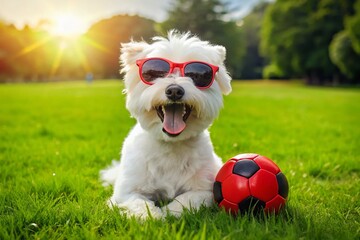 Cute White Dog Soccer Fan, Red Sunglasses, Grassy Field, Pet Photography, Happy Puppy, Summer Sports, Canine Athlete