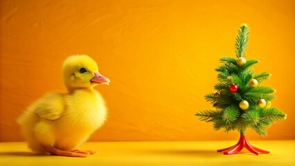 Cute Yellow Duck Christmas Card, Holiday Duckling, Xmas Duck, Yellow Background, Winter Bird, Festive Bird, Candy Cane, Christmas Tree, Adorable Duck