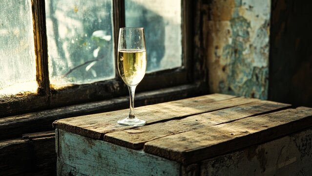 Sparkling drink rests on rustic wooden surface by window